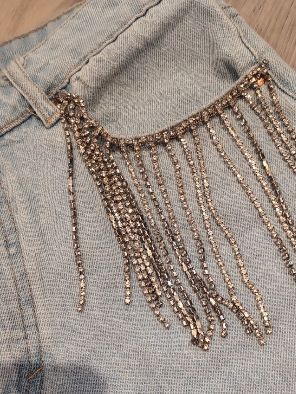 H&M Denim Shorts Blue Fringe Rhinestone High Rise - Picture 5 of 15